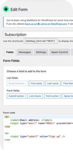 WordPress form integration screenshot